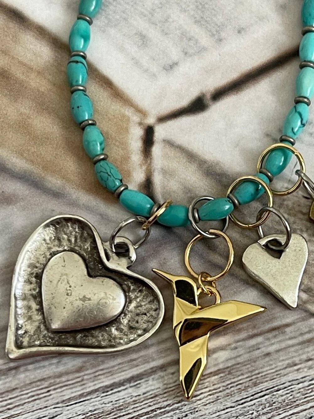 SUNDANCE "Heart of a Hummingbird" Turquoise, Charms & Mixed Metal Necklace: NWOT - Picture 7 of 11